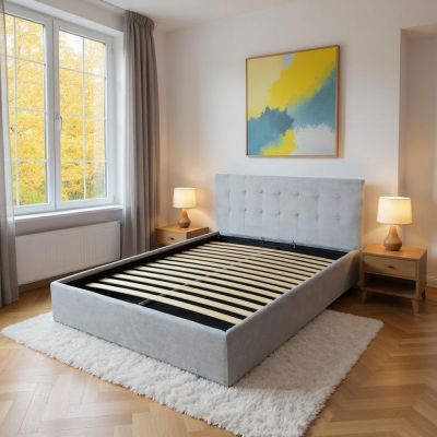 Pat tapitat cu material textil, 140 x 190, cu somiera rabatabila si lada depozitare, Culoare Gri, Kurt