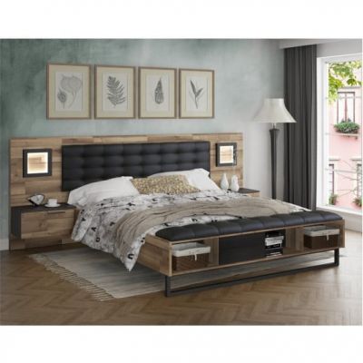 Pat Cu Noptiere Jakarta, Dimensiune Saltea 180 x 200 Cm, Stejar Pardosit Si Stejar Negru,