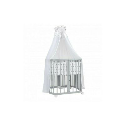Waldin - Set Patut Rotund Evolutiv 7in1 Gri, Saltele Incluse, Transformabil, Co-Sleeping + Baldachin, Lenjerie si Aparatori albe cu stelute gri