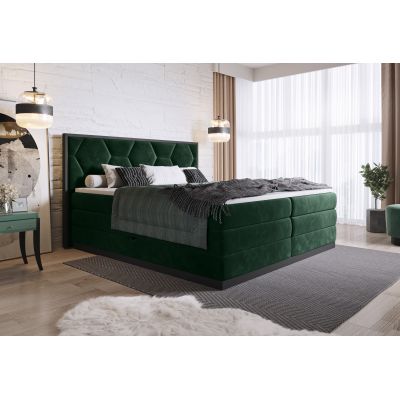 Pat rabatabil cu lada de depozitare, tapitat cu stofa Galia Boxspring Verde inchis