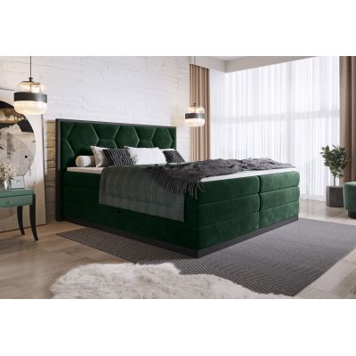 Pat rabatabil cu lada de depozitare, tapitat cu stofa Gia Boxspring Verde inchis, topper inclus, 200 x 160 cm