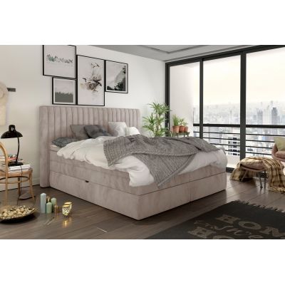 Pat rabatabil cu lada de depozitare, tapitat cu stofa Mina Boxspring Crem, topper inclus, 200 x 160 cm