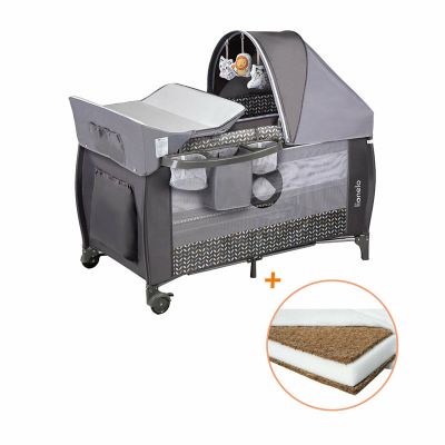 Lionelo - Patut pliant cu doua nivele, Sven Plus, 120x60 cm, Cu accesorii, EN716, EN12221, Grey Scandi + Babyneeds - Saltea cocos 120x60x10 cm