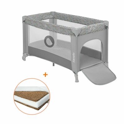 Lionelo - Patut pliant cu un nivel Stefi, 120x60 cm, Cu intrare laterala cu fermoar, EN716, Grey + Babyneeds - Saltea cocos 120x60x8 cm