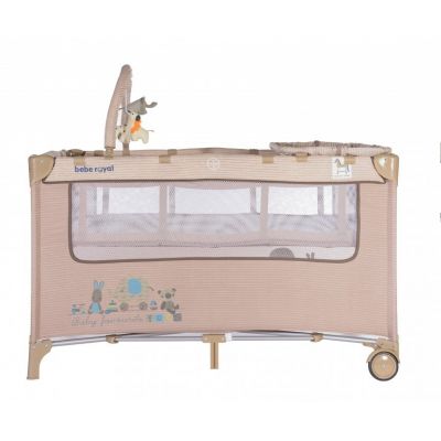 Patut pentru copii Bebe Royal Crem pliabil, cu 2 nivele, roti cu blocare, usita cu fermoar, masuta de infasat, geanta de transport, dimensiuni 120x60 cm