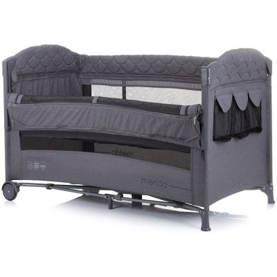 Patut Chipolino Merida graphite linen pliabil, cu laterala culisanta, sistem side-sleeping, roti cu sistem blocare, buzunar depozitare