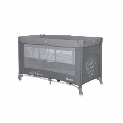 Patut Lorelli Noemi Cool Grey Star pliabil, cu 2 nivele, laterala cu fermoar, roti cu sistem de blocare, salteluta si geanta de transport incluse