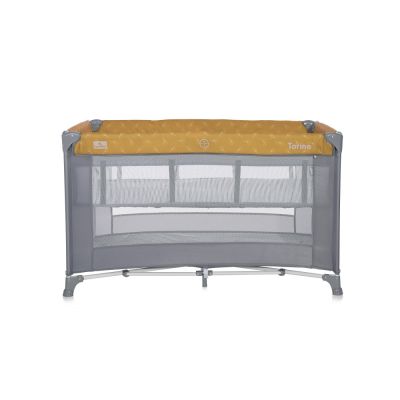 Patut Lorelli Torino Lemon Curry Floral pliabil, cu 2 nivele, usita cu fermoar, eori cu sistem de blocare, salteluta si geanta de transport incluse