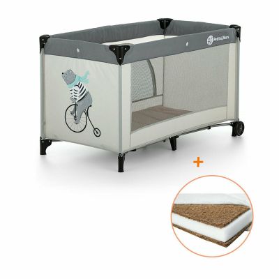 Petite&Mars - Patut pliant cu un nivel, 120x60 cm, EN 716-1:207+AC:2019, EN 716-2:2017, EN 71-3:2019, Nyja Teddy Biker, Grey + Babyneeds - Saltea cocos 120x60x12 cm