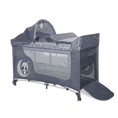 Patut pentru copii Lorelli Moonlight Plus Cool Grey Pandas pliabil, cu 2 nivele, laterala cu fermoar, masuta de infasat, saltea si geanta de transport incluse