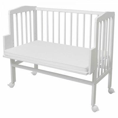 Patut suplimentar, Waldin, 2 in 1 pentru copii, 90 cm x 55 cm, lemn de fag, vopsea certificata, roti blocabile, laterala detasabila, co-sleeping, Saltea inclusa, Alb