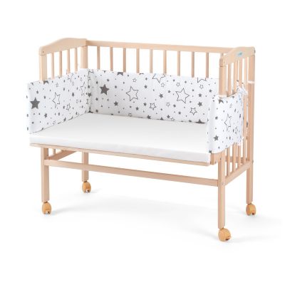 Patut pentru copii, Waldin, 2in1, 90 cm x 55 cm, lemn de fag, vopsea certificata, roti blocabile, laterala detasabila, co-sleeping, Saltea inclusa, Aparatoare laterala din bumbac, Natur, Cover, SMIX