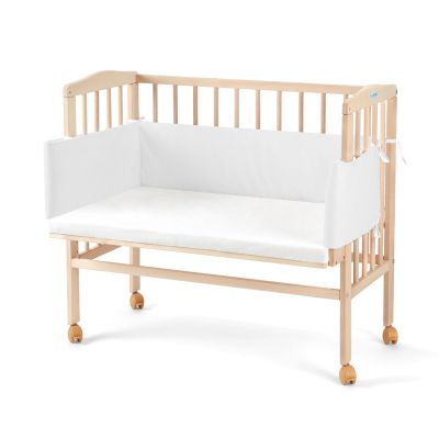 Patut pentru copii, Waldin, 2in1, 90 cm x 55 cm, lemn de fag, vopsea certificata, roti blocabile, laterala detasabila, co-sleeping, Saltea inclusa, Aparatoare laterala din bumbac, Cover, Natur, 88