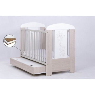 Patut pentru copii Drewex Giraffe cu sertar Natur cu Alb + Saltea Cocos 8 Cm