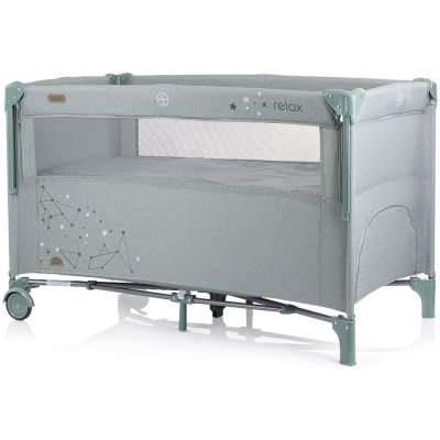 Patut Chipolino Relax aloe linen cu laterala culisanta pliabil, cu laterala culisanta, sistem side-sleeping, buzunar, usita cu fermoar, roti cu blocare, geanta de transport inclusa, standard European EN716-1
