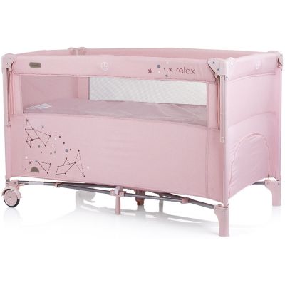 Patut Chipolino Relax rose linen cu laterala culisanta pliabil, cu laterala culisanta, sistem side-sleeping, buzunar, usita cu fermoar, roti cu blocare, geanta de transport inclusa, standard European EN716-1