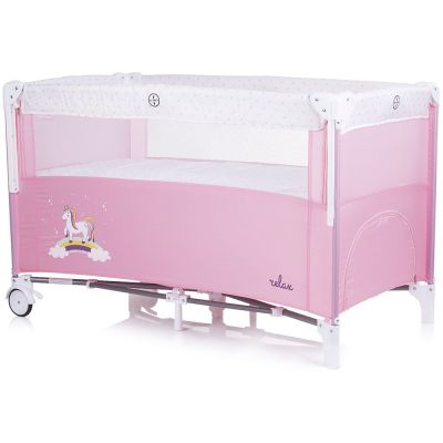 Patut Chipolino Relax rose water pliabil, cu laterala culisanta, sistem side-sleeping, buzunar, usita cu fermoar, roti cu blocare, geanta de transport inclusa, standard European EN716-1