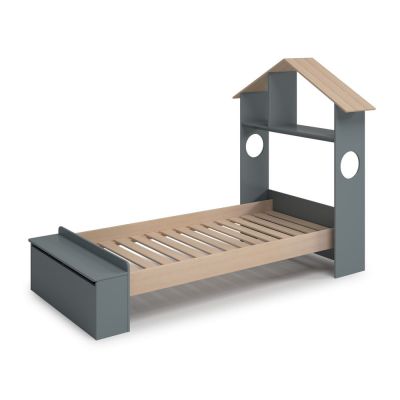Pat pentru copii în culoare naturală/verde prăfuit de tip casă cu aspect de lemn de pin cu spațiu de depozitare cu somieră 90x190 cm Odessa – Marckeric