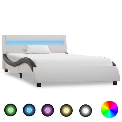 Cadru de pat cu LED alb și negru 90x200 cm piele ecologică