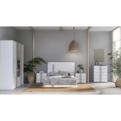 Pat Cu Tablie Buganvilla Dimensiune Saltea 140 x 190 Cm, Alb, Gri vintage si Alb Lucios