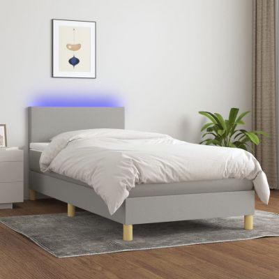 vidaXL Pat cu arcuri, saltea și LED, gri deschis, 90x190 cm, textil