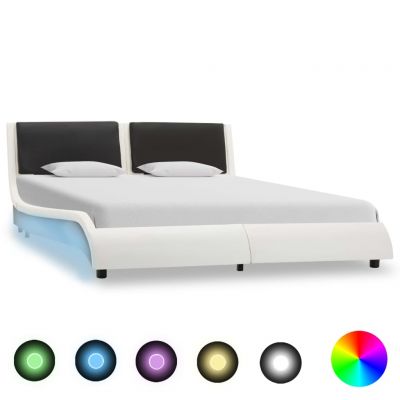 Cadru de pat cu LED alb și negru 140x200 cm piele ecologică