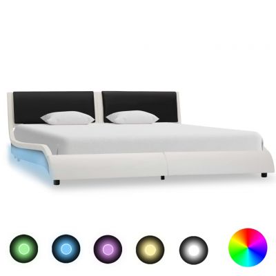 Cadru de pat cu LED alb și negru 160x200 cm piele ecologică