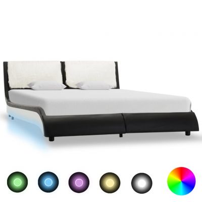 Cadru de pat cu LED negru și alb 140x200 cm piele ecologică
