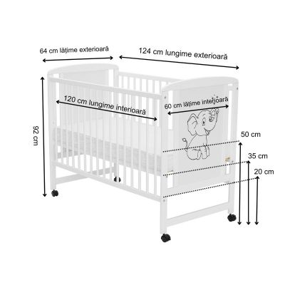 Patut din lemn Qmini Timmi Elephant 120x60 cm Alb