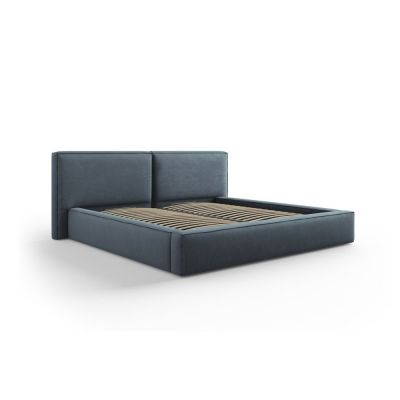Pat matrimonial albastru închis tapițat cu spațiu de depozitare și somieră 140x200 cm Arendal – Cosmopolitan Design