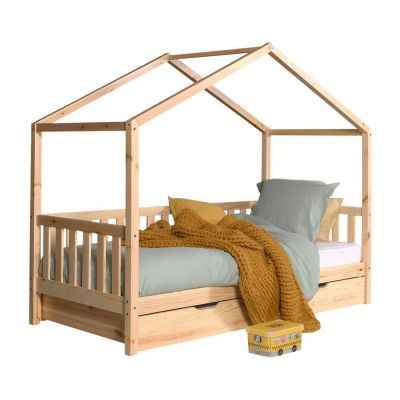 Pat pentru copii în culoare naturală de tip casă/cu extensie suplimentară din lemn masiv de pin cu spațiu de depozitare 90x200 cm DALLAS – Vipack