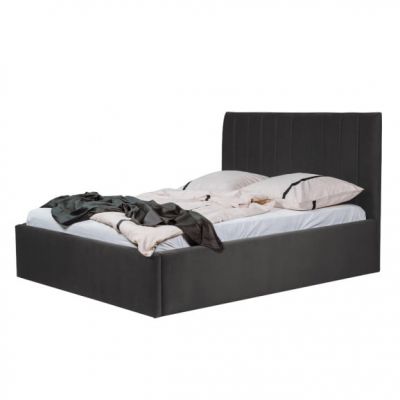 Pat Tapitat Ravel, Negru, Dimensiune Saltea 160 x 200 Cm, Cu Somiera Rabatabila