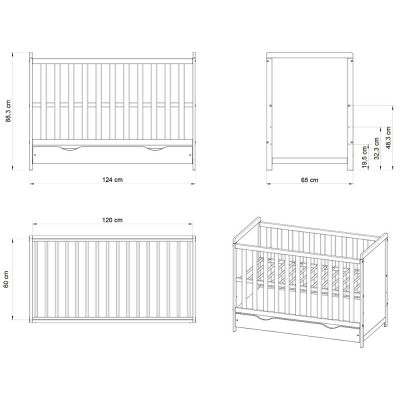 Patut copii din lemn Paula 120x60 alb cu sertar