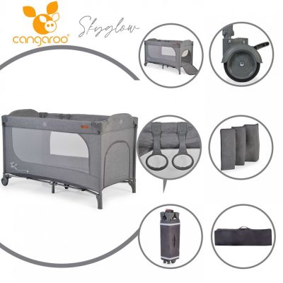 Patu Cangaroo SkyGlow Grey pliabil cu un nivel, usita cu fermoar, geanta transport, roti cu sistem de blocare