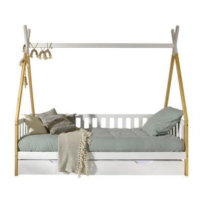 Pat pentru copii alb de tip casă din lemn masiv de pin cu spațiu de depozitare 90x200 cm TIPI – Vipack