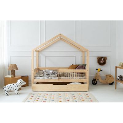 Pat pentru copii în culoare naturală de tip casă/cu extensie suplimentară din lemn de pin cu spațiu de depozitare 70x140 cm Mila RMW – Adeko