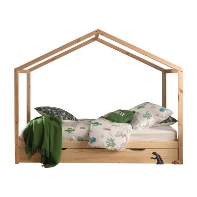 Pat pentru copii în culoare naturală de tip casă/cu extensie suplimentară din lemn masiv de pin cu spațiu de depozitare 90x200 cm DALLAS – Vipack