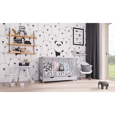 Patut din lemn pentru copii, Nichiduta Dominic Gri, design modern cu somiera reglabila pe 3 inaltimi distincte, dimensiunea exterioara 125 x 65 cm