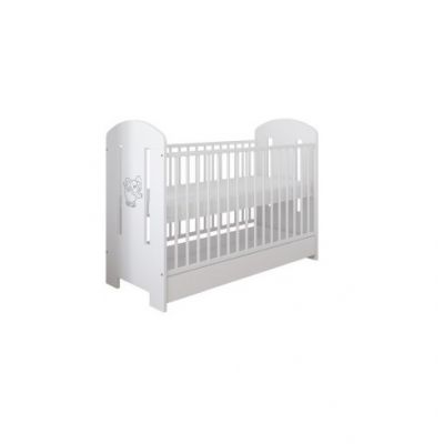 Patut din lemn MDF Nichiduta Ptilou Elefantel Alb cu sistem 3 bare detasabile, Somiera reglabila pe 3 nivele de inaltime, Vopsea sigura pe baza de apa, Design modern, Margini rotunjite,Dimensiuni interioare 120x60cm