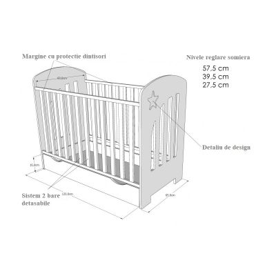 Patut din lemn 120x60cm cu somiera reglabila pe 3 nivele de inaltime si margine din silicon pentru protectie dintisori Little Star Pink