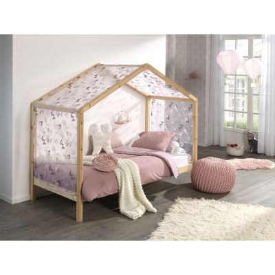 Pat din lemn de pin cu perdeluta decorativa, pentru copii tip casuta Dallas House Natural / Roz, 200 x 90 cm Pat din lemn de pin cu perdeluta decorativa, pentru copii tip casuta Dallas House Natural / Roz, 200 x 90 cm