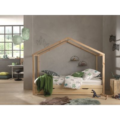 Pat din lemn de pin cu sertar, pentru copii tip casuta Dallas House Natural, 200 x 90 cm