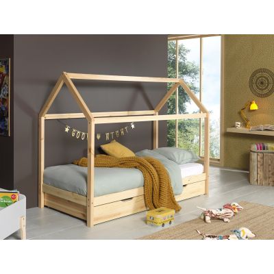 Pat din lemn de pin cu sertar, pentru copii tip casuta Dallas Natural, 200 x 90 cm Pat din lemn de pin cu sertar, pentru copii tip casuta Dallas Natural, 200 x 90 cm