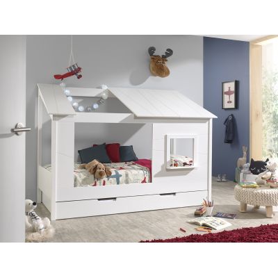 Pat din lemn de pin si MDF cu sertar, pentru copii tip casuta Housebed Alb, 200 x 90 cm