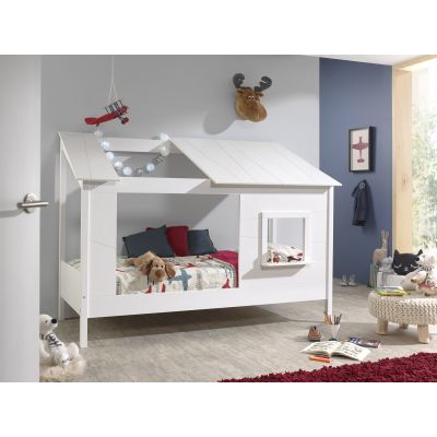 Pat din lemn de pin si MDF, pentru copii tip casuta Housebed Alb, 200 x 90 cm