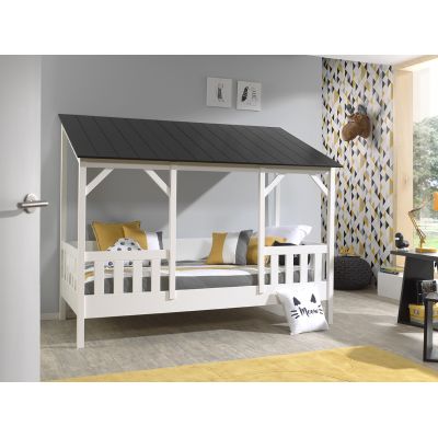 Pat din lemn de pin si MDF, pentru copii tip casuta Housebed Capitan Alb / Negru, 200 x 90 cm Pat din lemn de pin si MDF, pentru copii tip casuta Housebed Capitan Alb / Negru, 200 x 90 cm