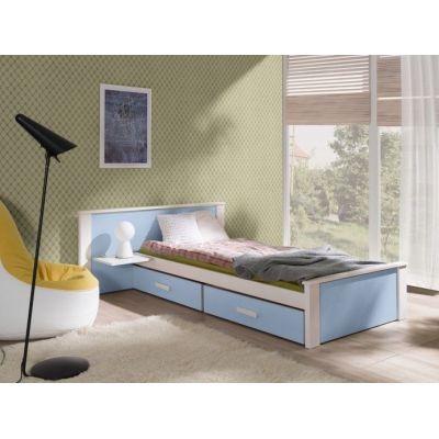Pat din lemn de pin si pal, cu 2 sertare pentru copii Aldo Plus Alb / Albastru, 200 x 90 cm Pat din lemn de pin si pal, cu 2 sertare pentru copii Aldo Plus Alb / Albastru, 200 x 90 cm