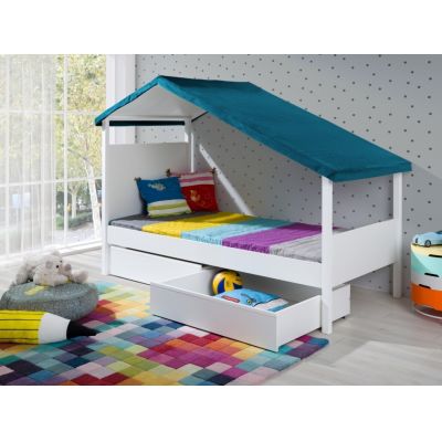 Pat din lemn de pin si pal cu 2 sertare, pentru copii tip casuta Penelope Alb / Petrol, 200 x 90 cm Pat din lemn de pin si pal cu 2 sertare, pentru copii tip casuta Penelope Alb / Petrol, 200 x 90 cm