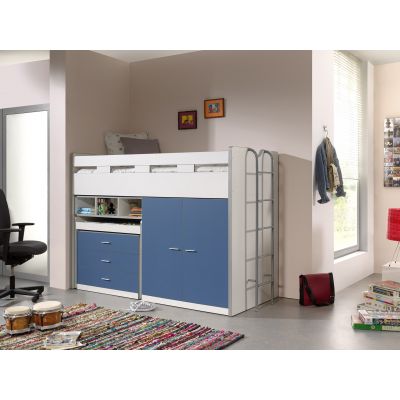 Pat etajat din pal si metal cu birou incorporat, 3 sertare si dulap, pentru copii Bonny High Alb / Albastru, 200 x 90 cm