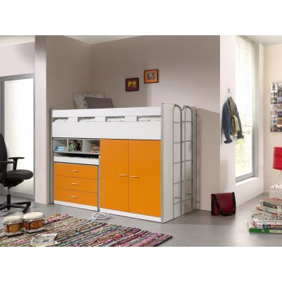 Pat etajat din pal si metal cu birou incorporat, 3 sertare si dulap, pentru copii Bonny High Alb / Portocaliu, 200 x 90 cm Pat etajat din pal si metal cu birou incorporat, 3 sertare si dulap, pentru copii Bonny High Alb / Portocaliu, 200 x 90 cm